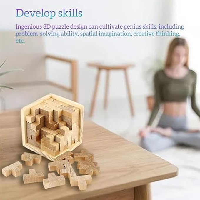 3D WOODEN BRAIN TEASER PUZZLE, EDUCATIONAL LEISURE CUBE PUZZLE, 3D STEREOSCOPIC PUZZLE BOX, PUZZLE WOODEN CUBE FOR KIDS 8-12 ADULTS, DESK TOYS DELIGHT, CHALLENGING GAMES ADULT BRAIN BOOST - Image 2